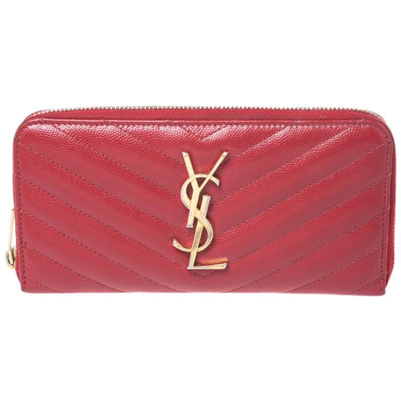 Saint Laurent Red Leather Monogram Zip Around Wallet