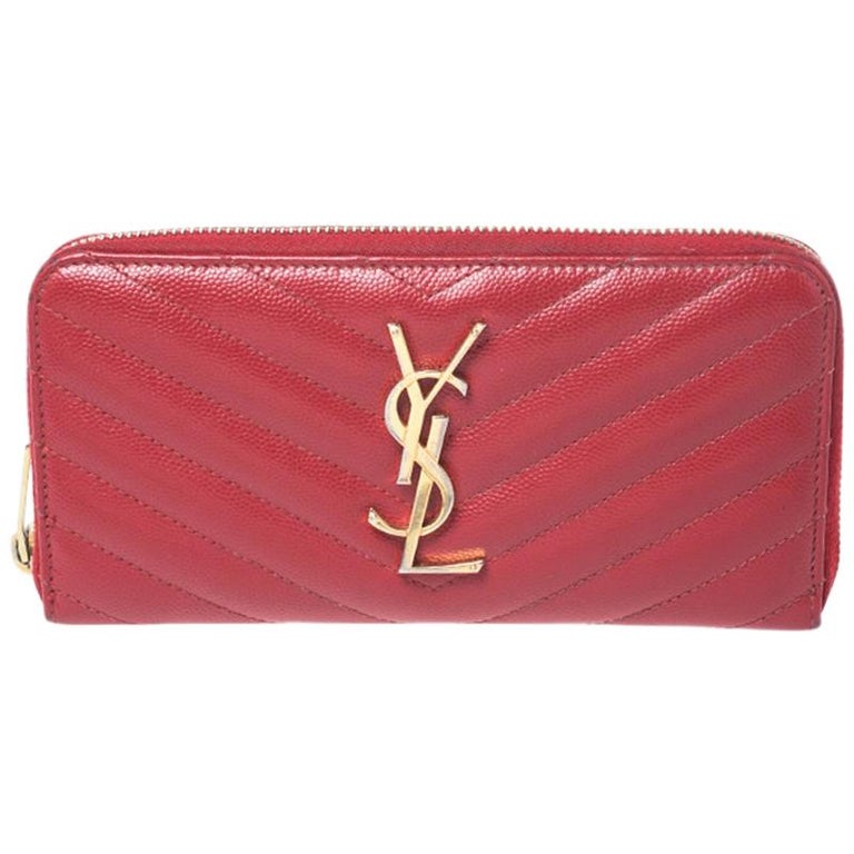 Saint Laurent Red Leather Monogram Zip Around Wallet For Sale at