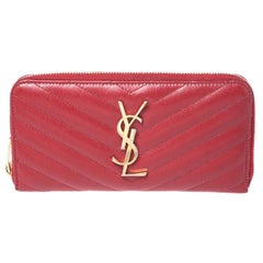 Saint Laurent Red Leather Monogram Zip Around Wallet