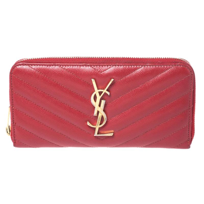 Saint Laurent Red Leather Monogram Zip Around Wallet