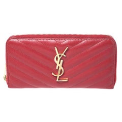 Used Saint Laurent Red Leather Monogram Zip Around Wallet