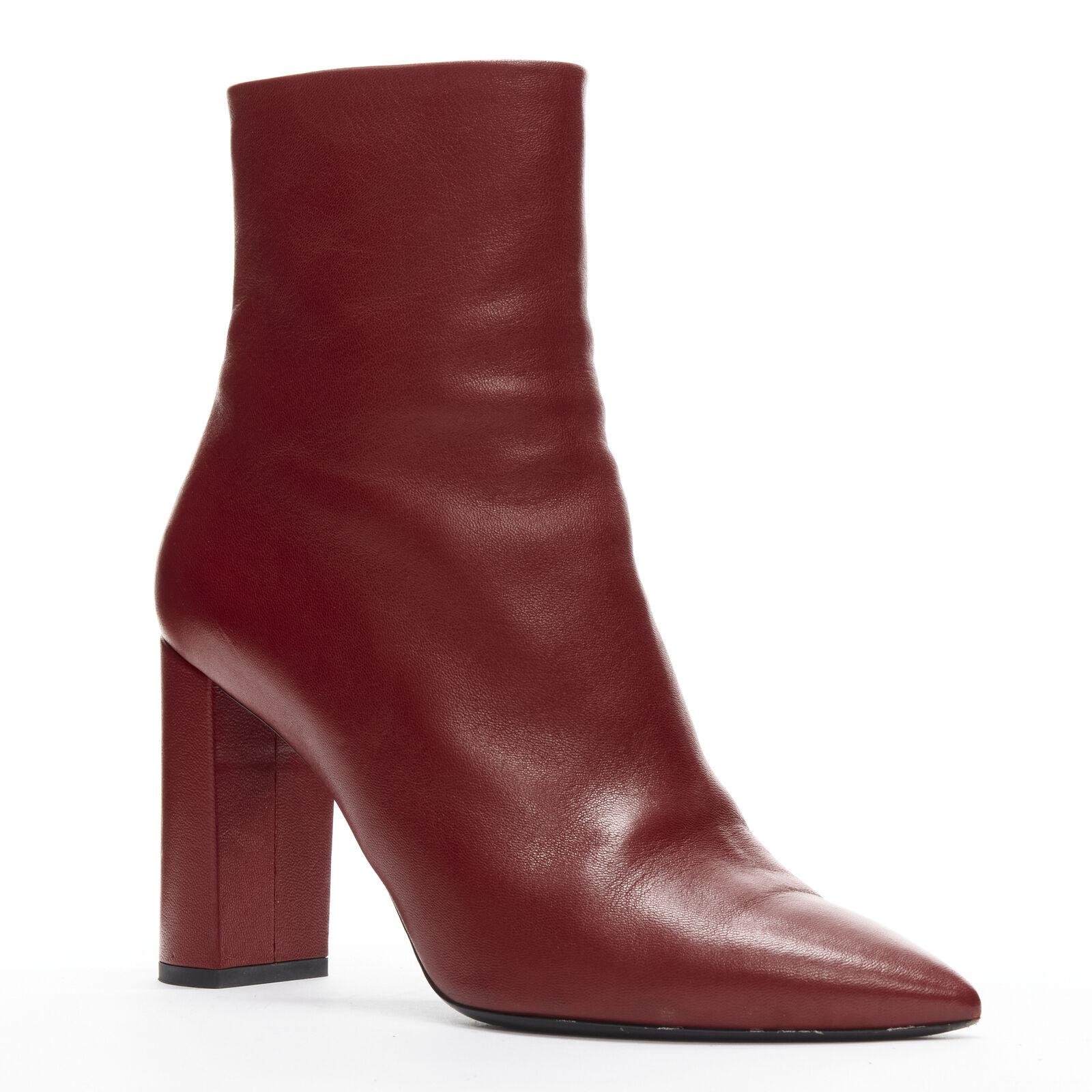 SAINT LAURENT red leather point toe block heeled ankle boots EU39 US9
Reference: AAWC/A00133
Brand: Saint Laurent
Designer: Anthony Vaccarello
Material: Leather
Color: Red
Pattern: Solid
Closure: Zip
Lining: Leather
Extra Details: Logo zipper.
Made