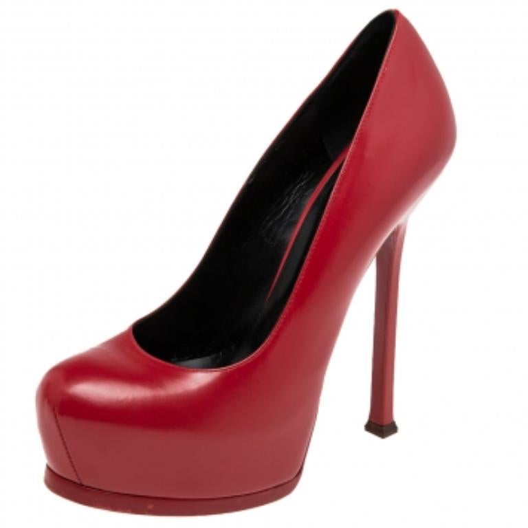 Saint Laurent Red Leather Tribtoo  Pumps Size 38.5 In Good Condition For Sale In Dubai, Al Qouz 2