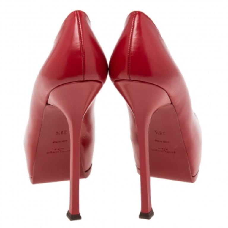 Saint Laurent Red Leather Tribtoo  Pumps Size 38.5 For Sale 2