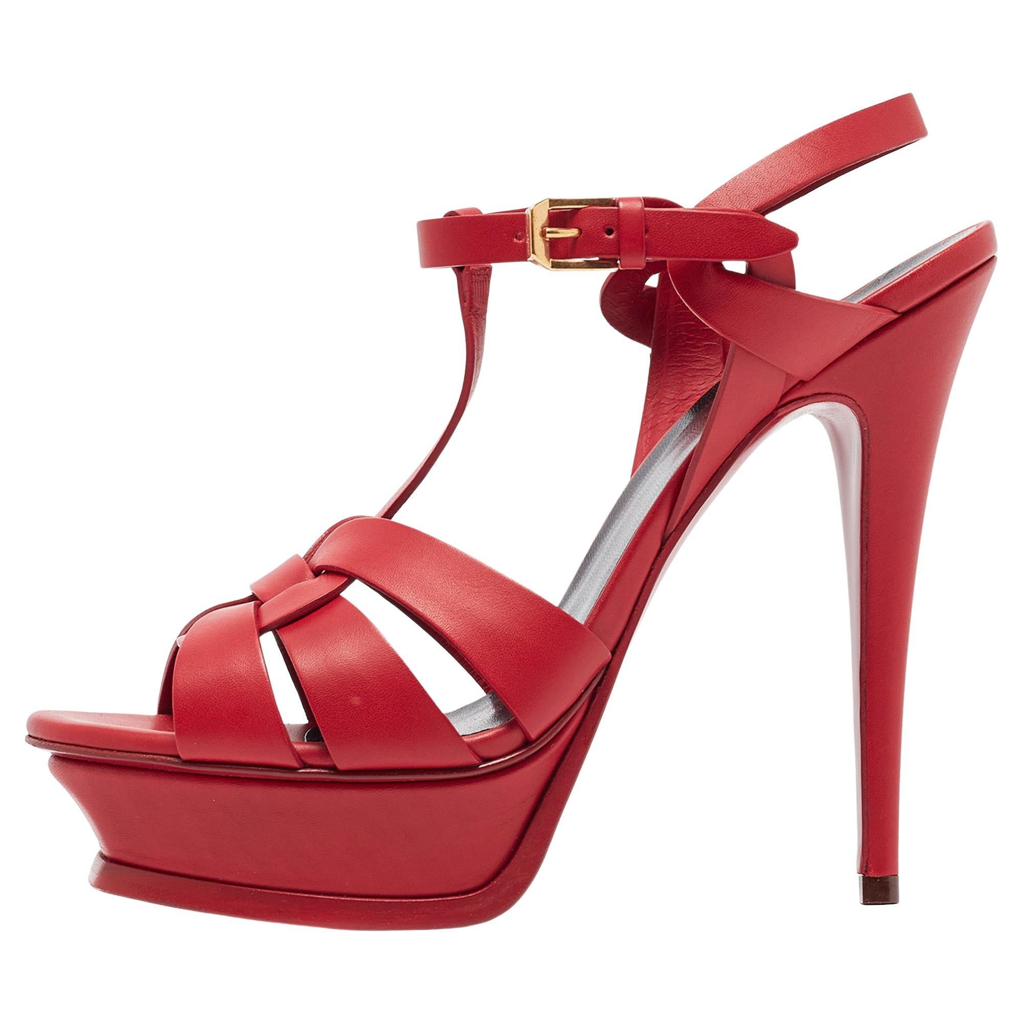 Saint Laurent Red Leather Tribute Sandals Size 38.5 For Sale