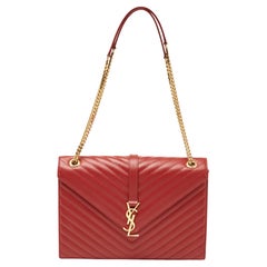 Saint Laurent Red Matelassé Leather Large Monogram Envelope Shoulder Bag