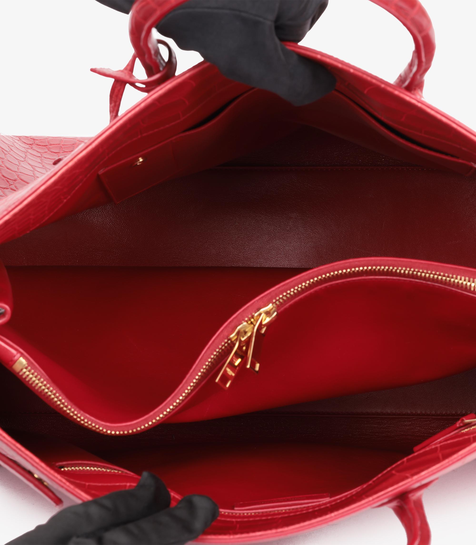 Saint Laurent Red Matte Crocodile Emobssed Calfskin Leather Large Sac De Jour 5