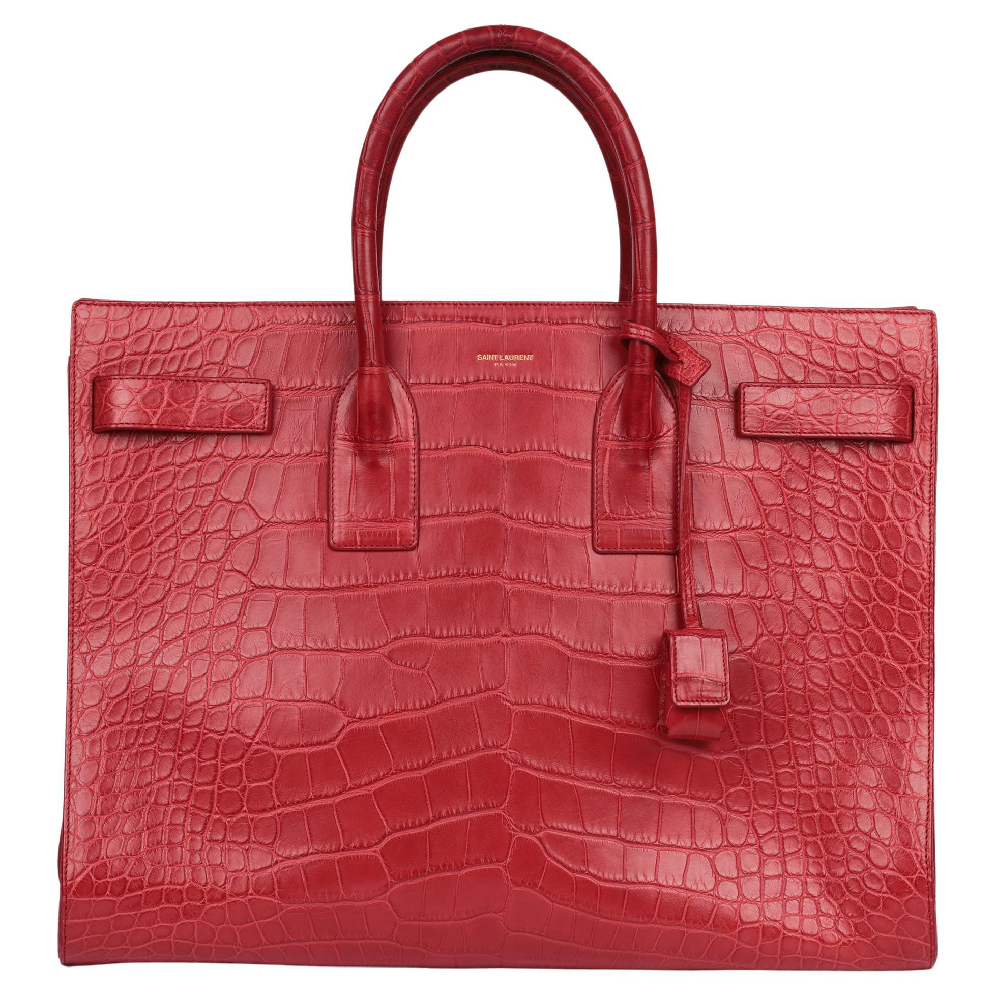 Saint Laurent Red Matte Crocodile Emobssed Calfskin Leather Large Sac De Jour en venta