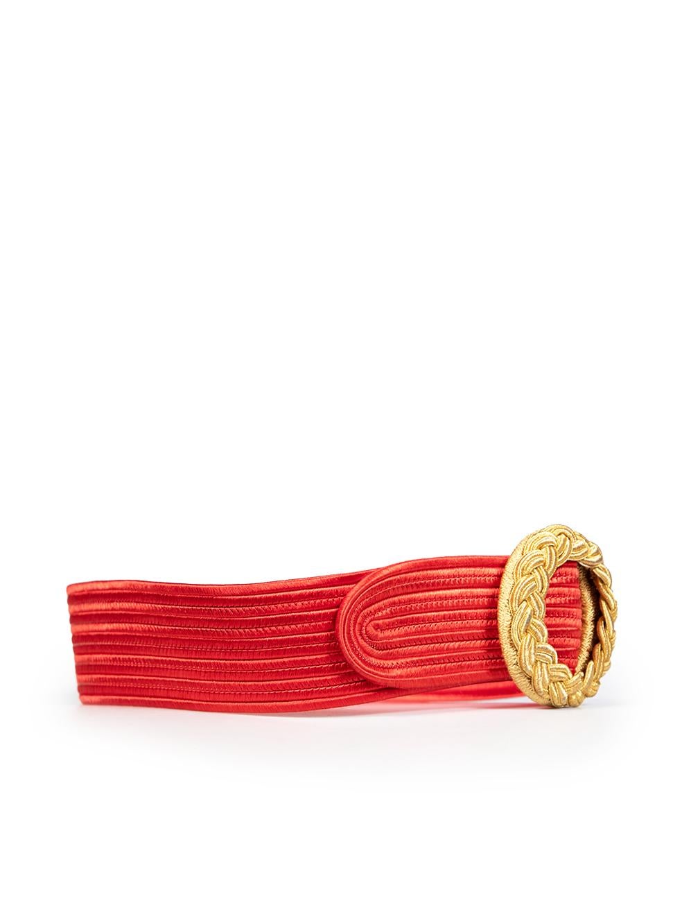 CONDITION is Good. Minor wear to the belt is evident. Missing composition label. Marks across the front of the belt and the buckle. Pulls to the weave on the front and back of this used Saint Laurent designer resale item.
  
  Details
  
  
  Red 
 