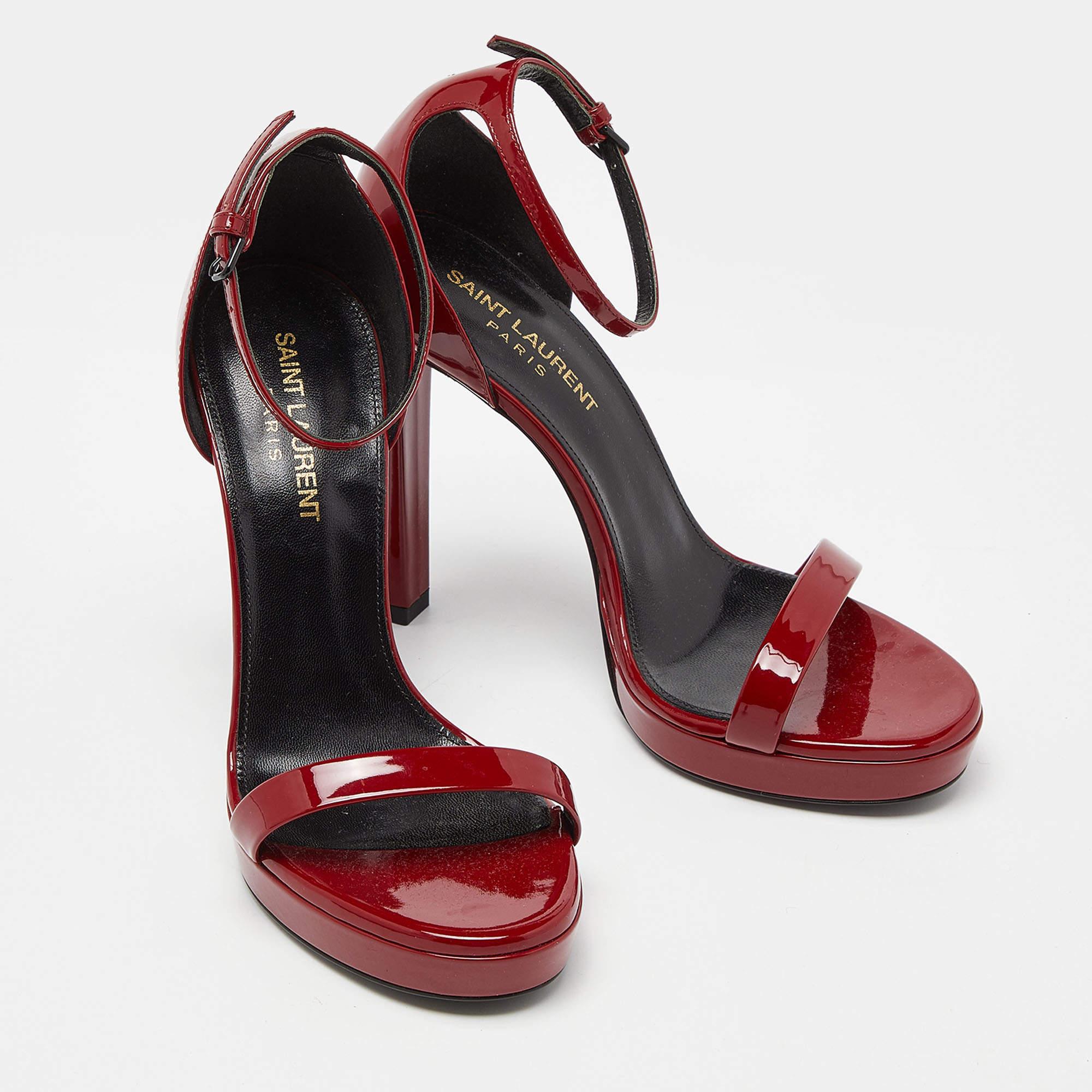 Saint Laurent Red Patent Leather Ankle Strap Sandals Size 36 In Excellent Condition In Dubai, Al Qouz 2