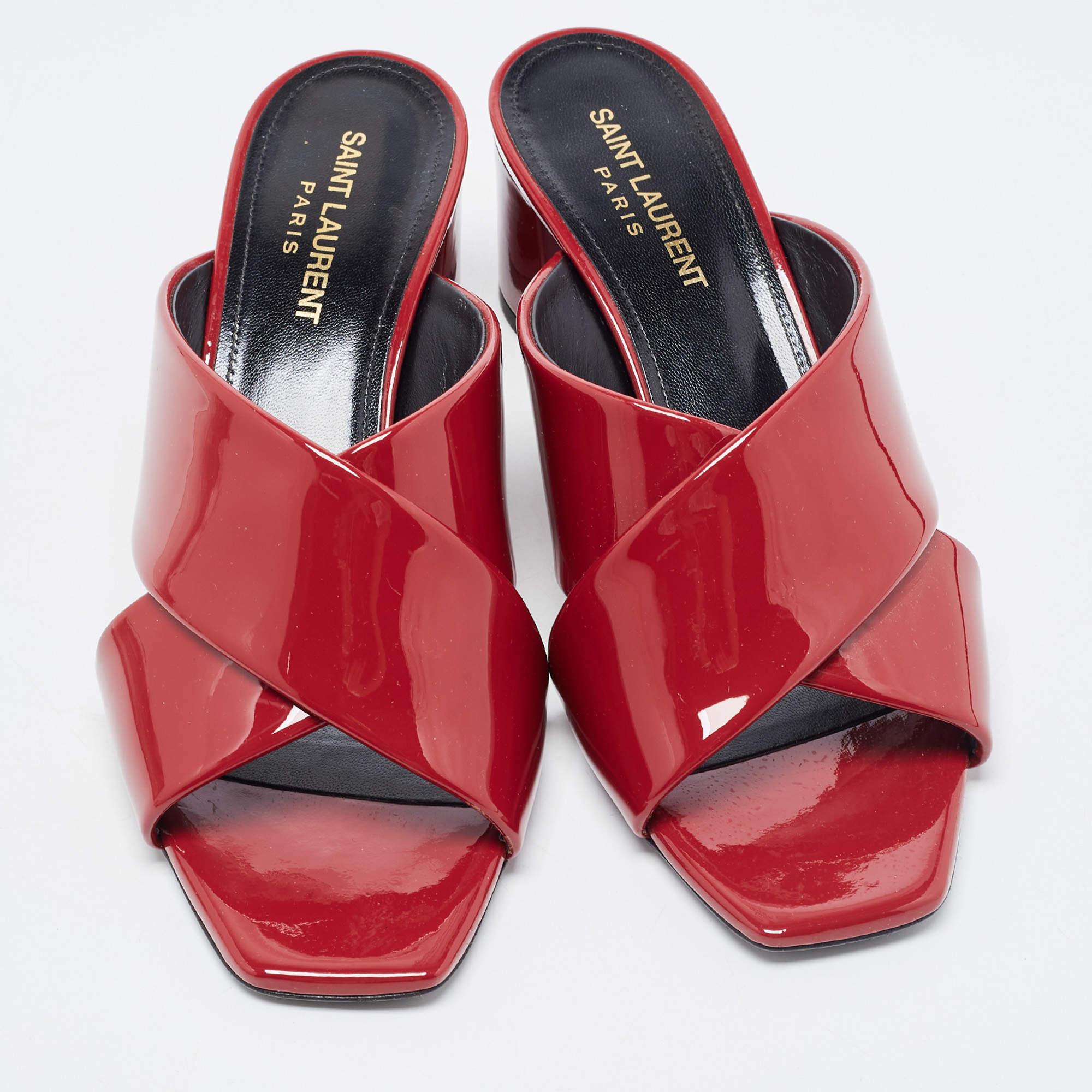 Saint Laurent Red Patent Leather Loulou Criss Cross Slide Sandals Size 38 In Excellent Condition In Dubai, Al Qouz 2