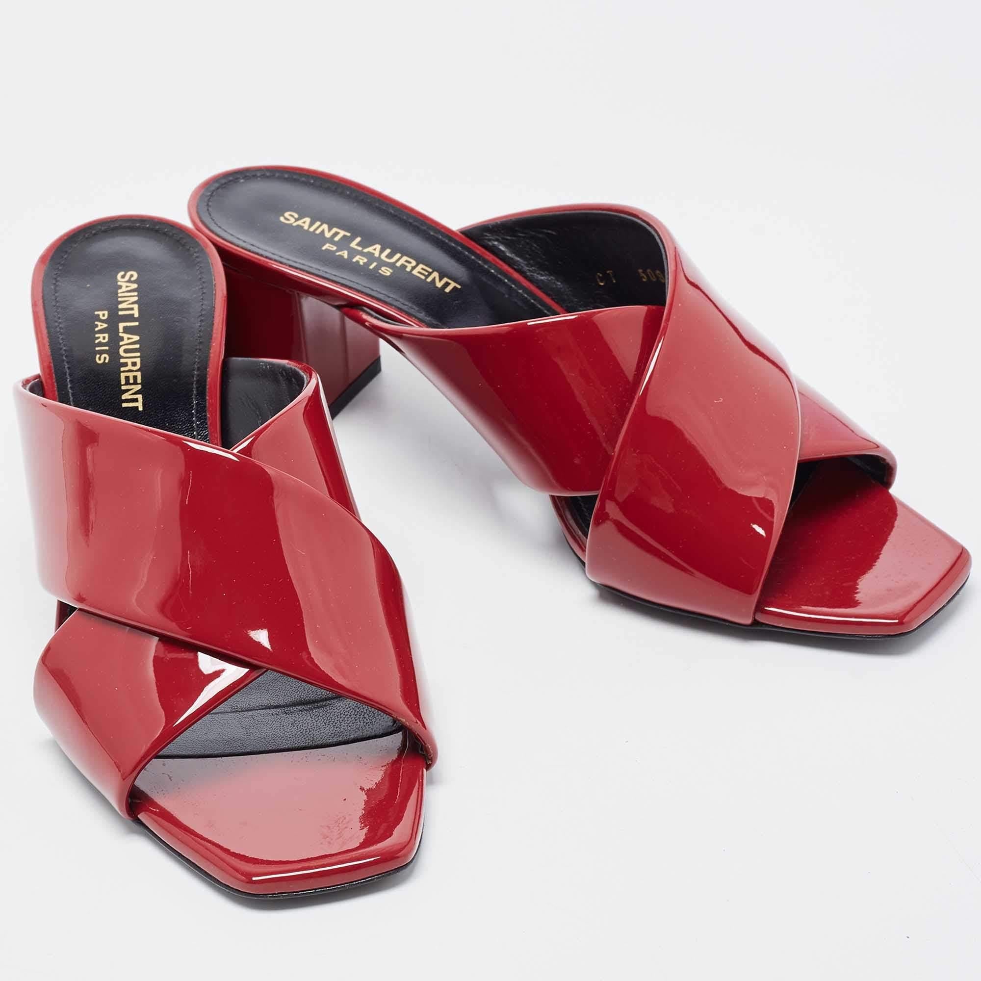 Women's Saint Laurent Red Patent Leather Loulou Criss Cross Slide Sandals Size 38