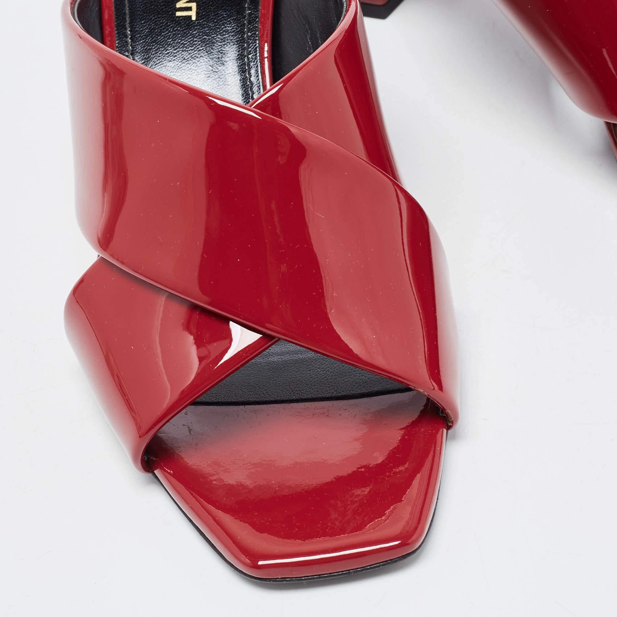 Saint Laurent Red Patent Leather Loulou Criss Cross Slide Sandals Size 38 1
