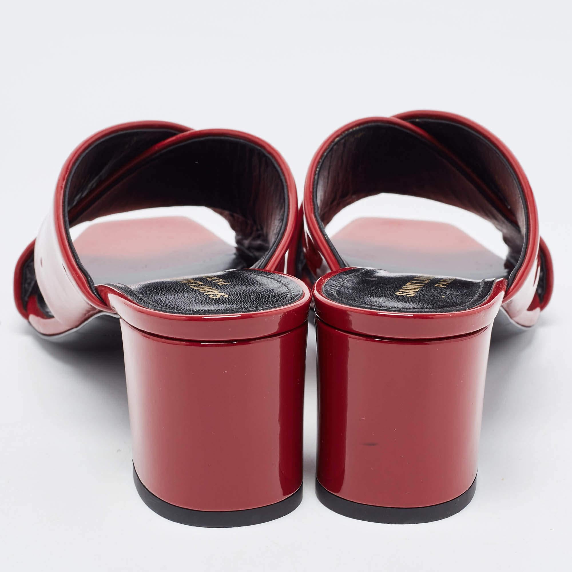 Saint Laurent Red Patent Leather Loulou Criss Cross Slide Sandals Size 38 2