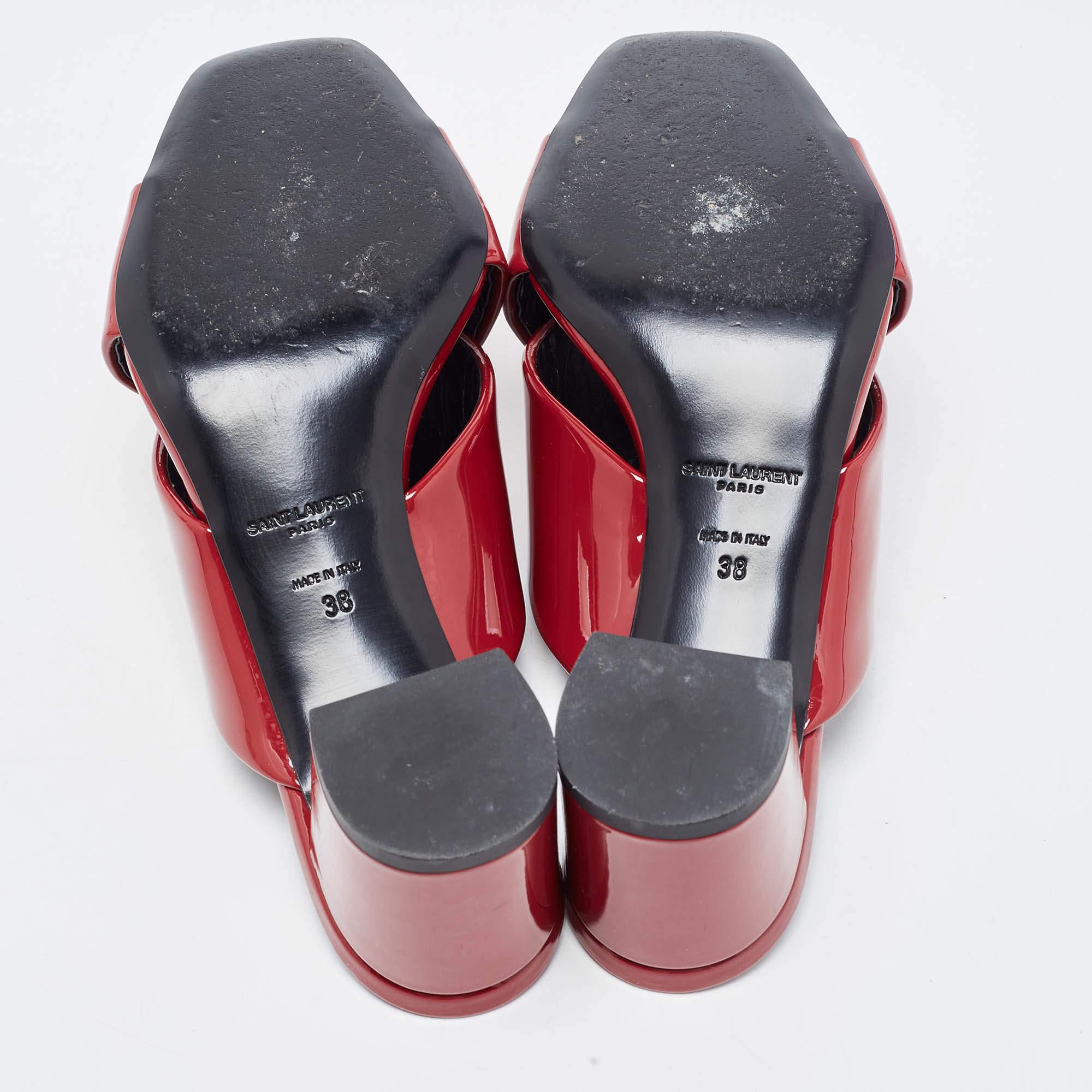 Saint Laurent Red Patent Leather Loulou Criss Cross Slide Sandals Size 38 3