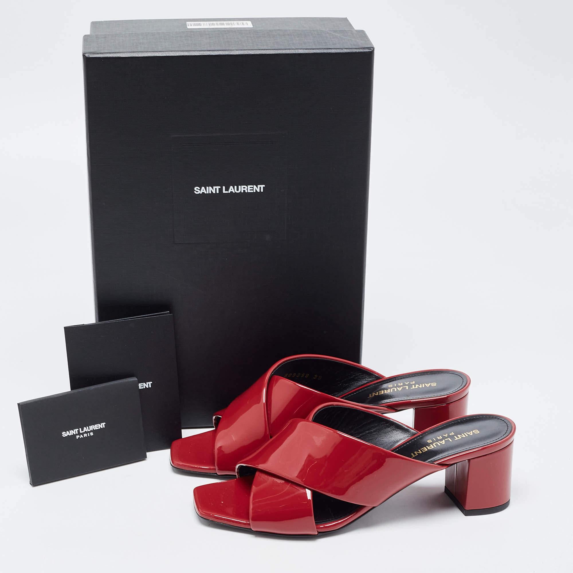 Saint Laurent Red Patent Leather Loulou Criss Cross Slide Sandals Size 38 5