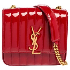 Saint Laurent Red Patent Leather Medium Vicky Quilted Flap Shoulder Bag