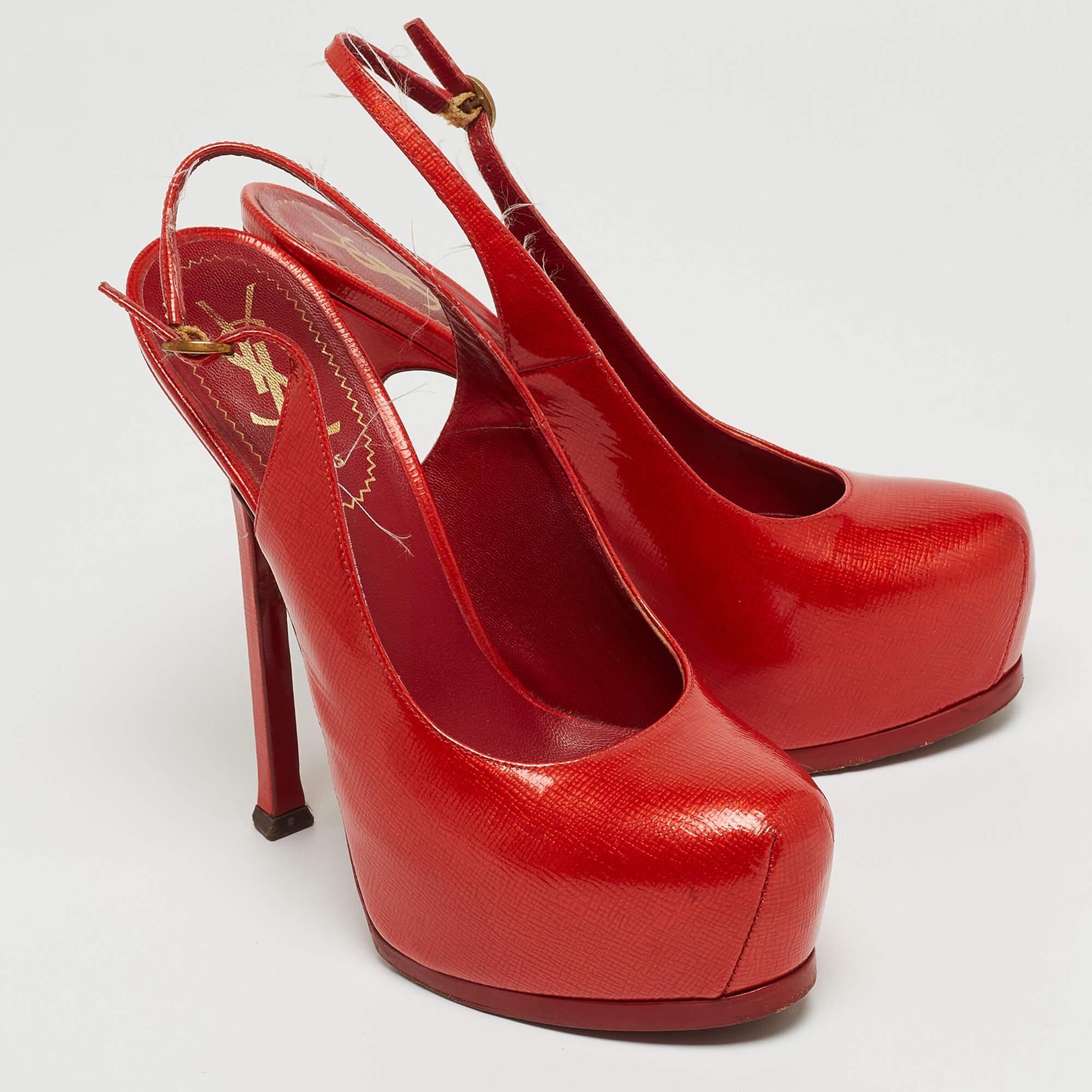 Women's Saint Laurent Red Patent Leather Tribtoo Slingback Pumps Size 37.5 For Sale
