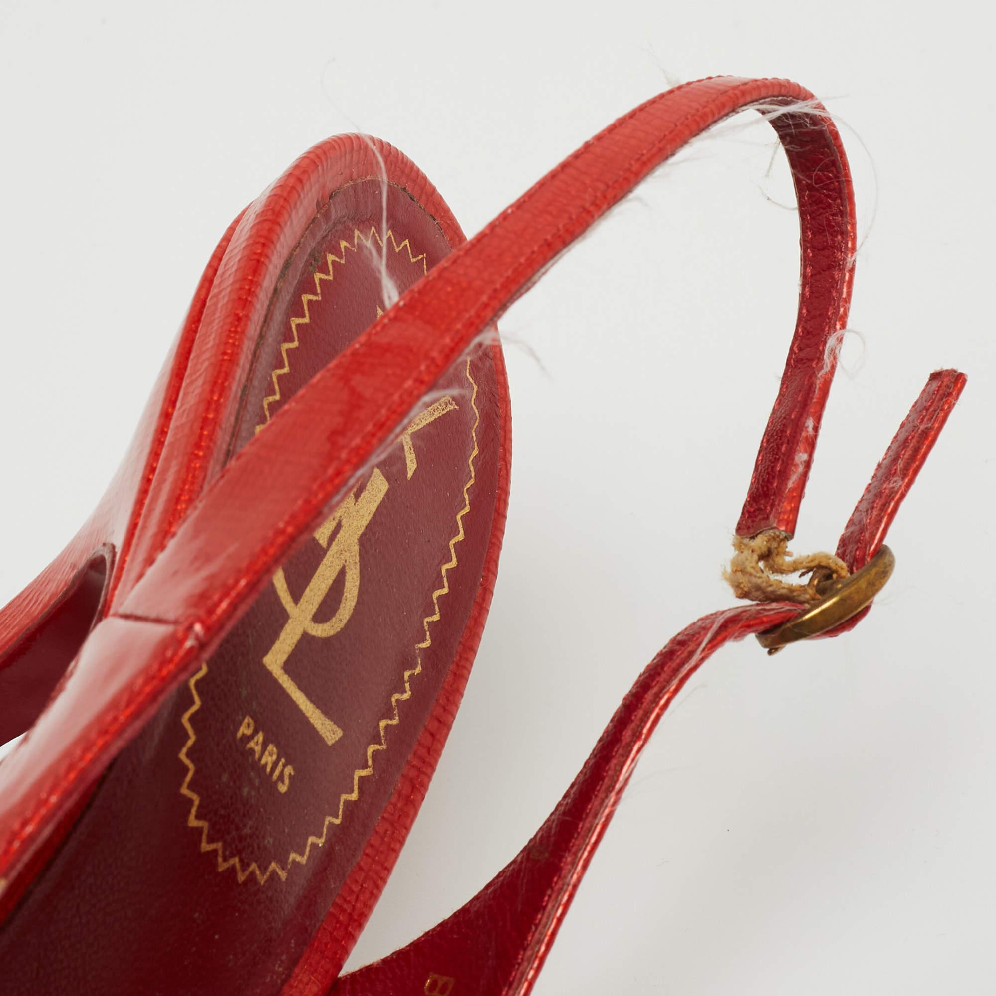 Saint Laurent Red Patent Leather Tribtoo Slingback Pumps Size 37.5 For Sale 2