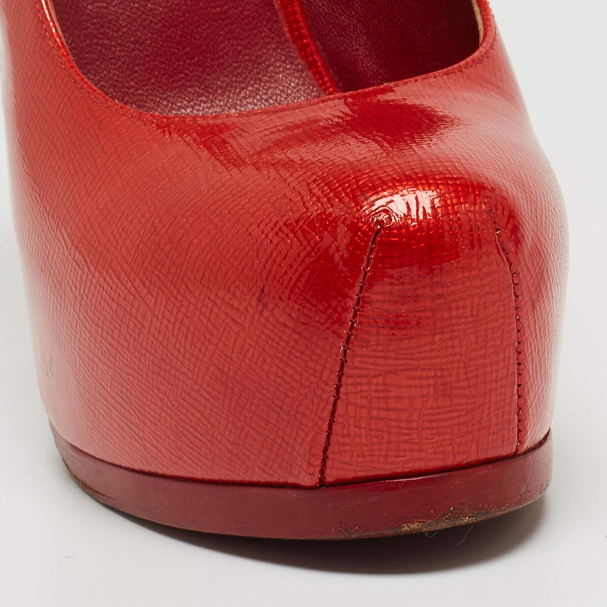 Saint Laurent Red Patent Leather Tribtoo Slingback Pumps Size 37.5 For Sale 4