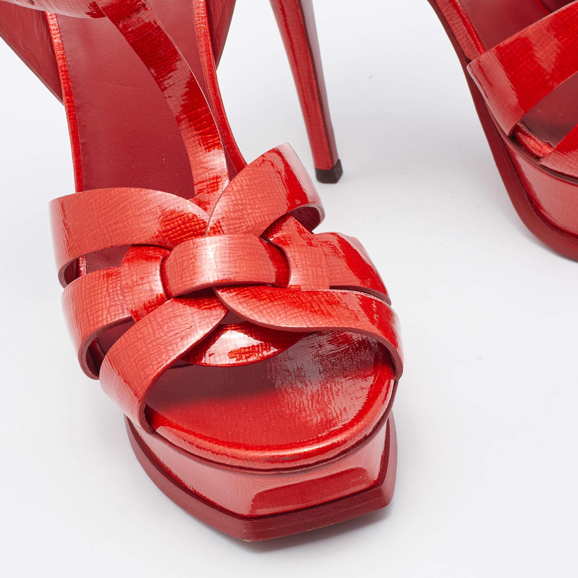 Women's Saint Laurent Red Patent Leather Tribute Ankle Strap Sandals Size 41