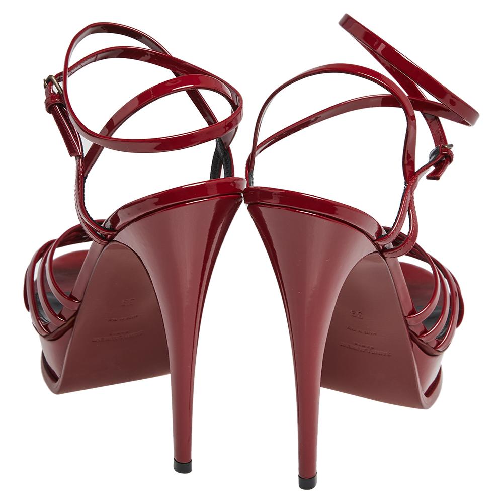 Brown Saint Laurent Red Patent Leather Tribute Cage Platform Sandals Size 39
