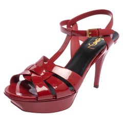 Saint Laurent Red Patent Leather Tribute Platform Ankle Strap Sandals Size 40.5