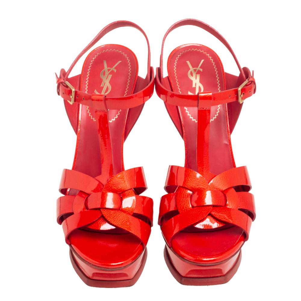 Women's Saint Laurent Red Patent Leather Tribute Sandals Size 38