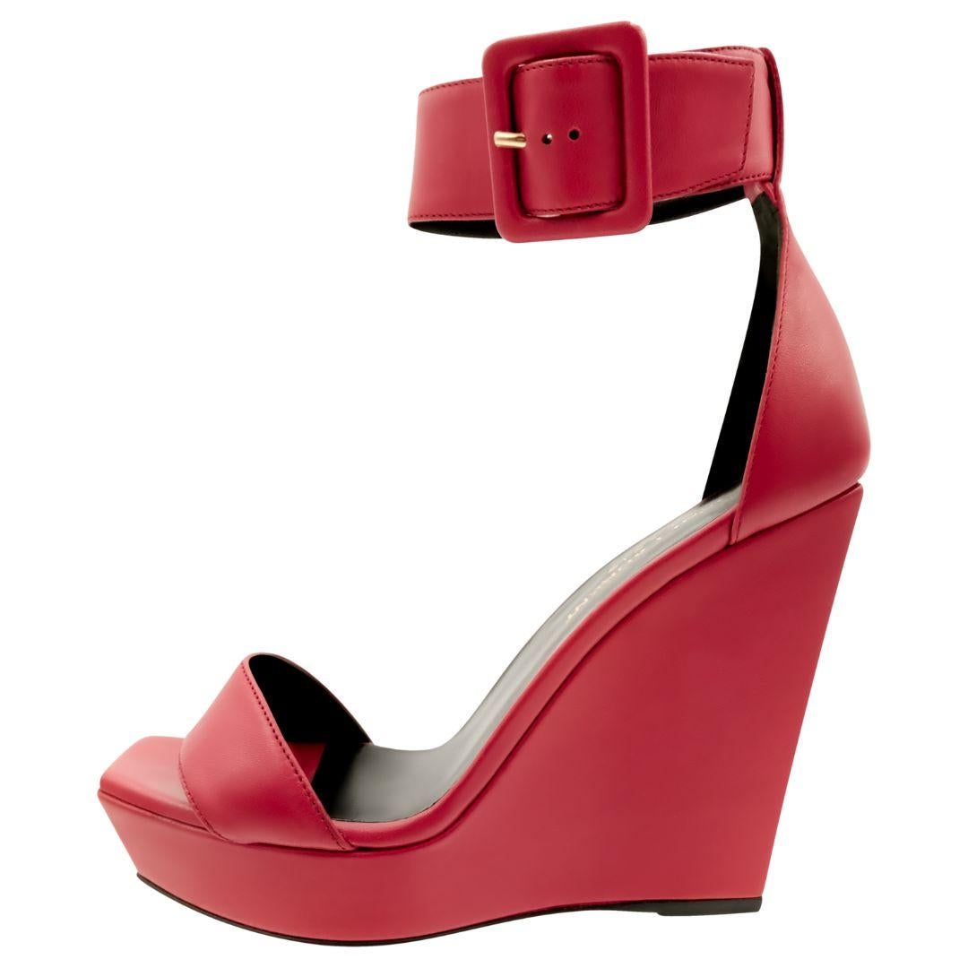 SAINT LAURENT Red Platform Ankle Strap Wedge Sandals For Sale