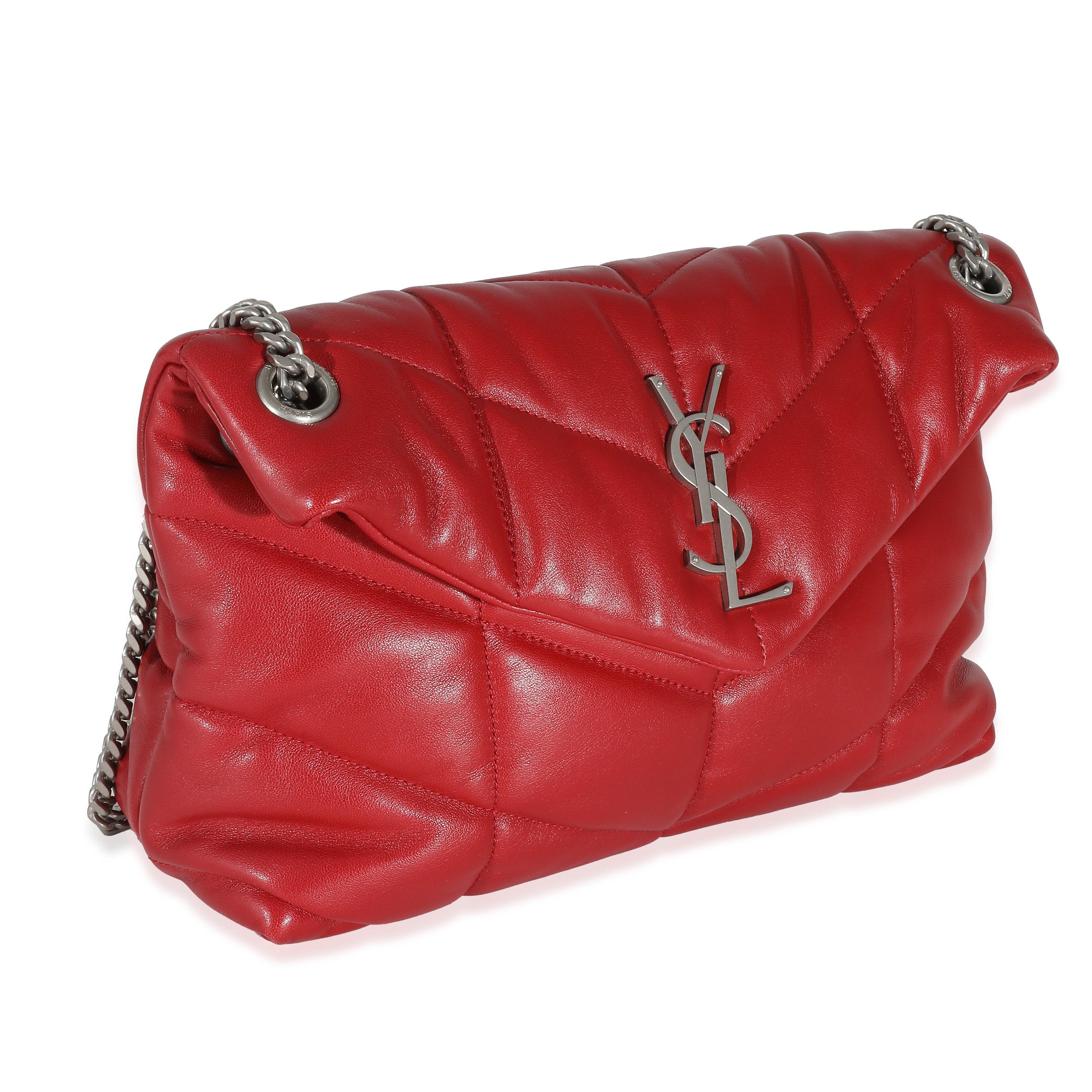 Saint Laurent Red Quilted Lambskin Small Loulou Puffer In Excellent Condition In New York, NY