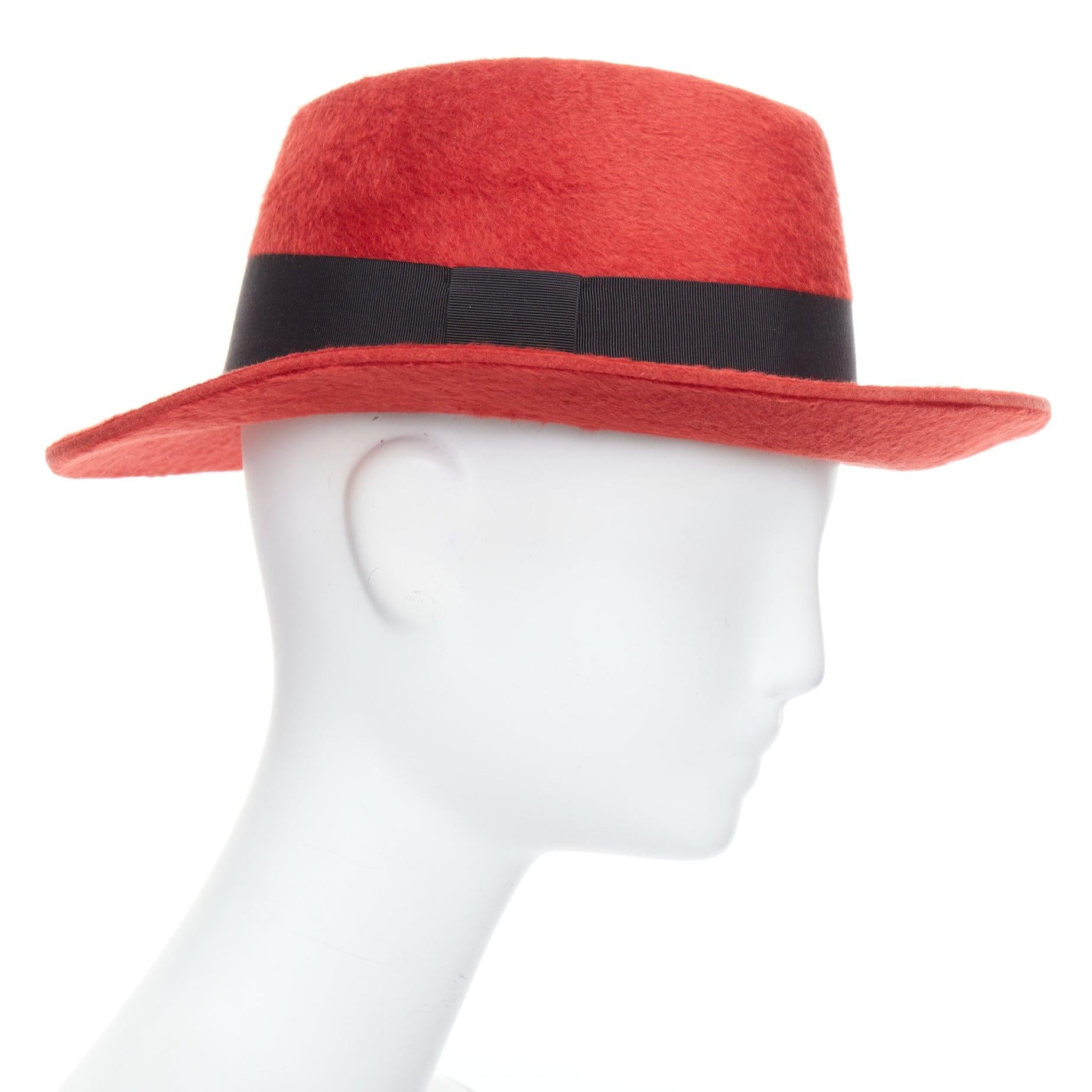 Women's SAINT LAURENT red rabbit felt black grosgrain leather lined fedora hat For Sale