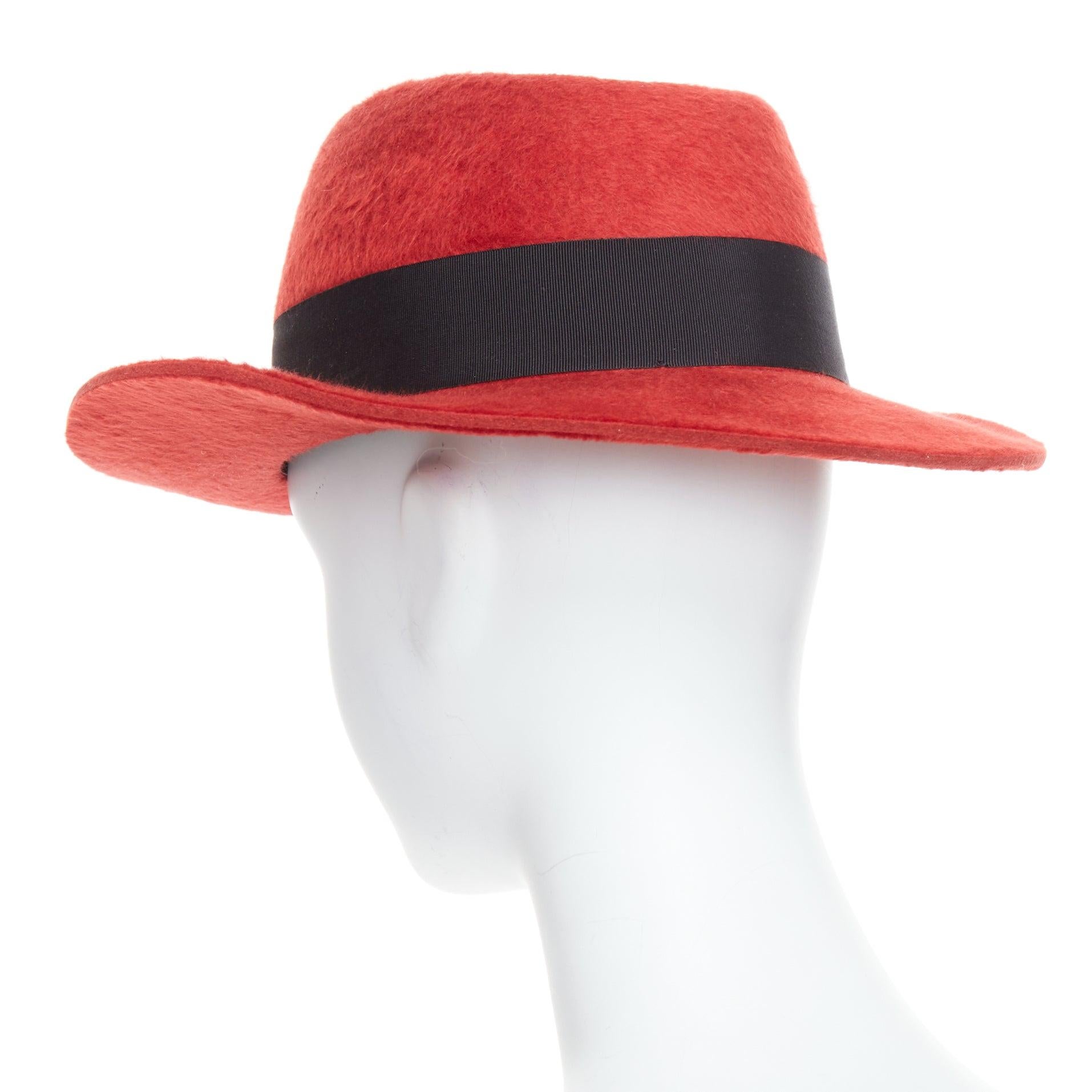 SAINT LAURENT red rabbit felt black grosgrain leather lined fedora hat For Sale 2