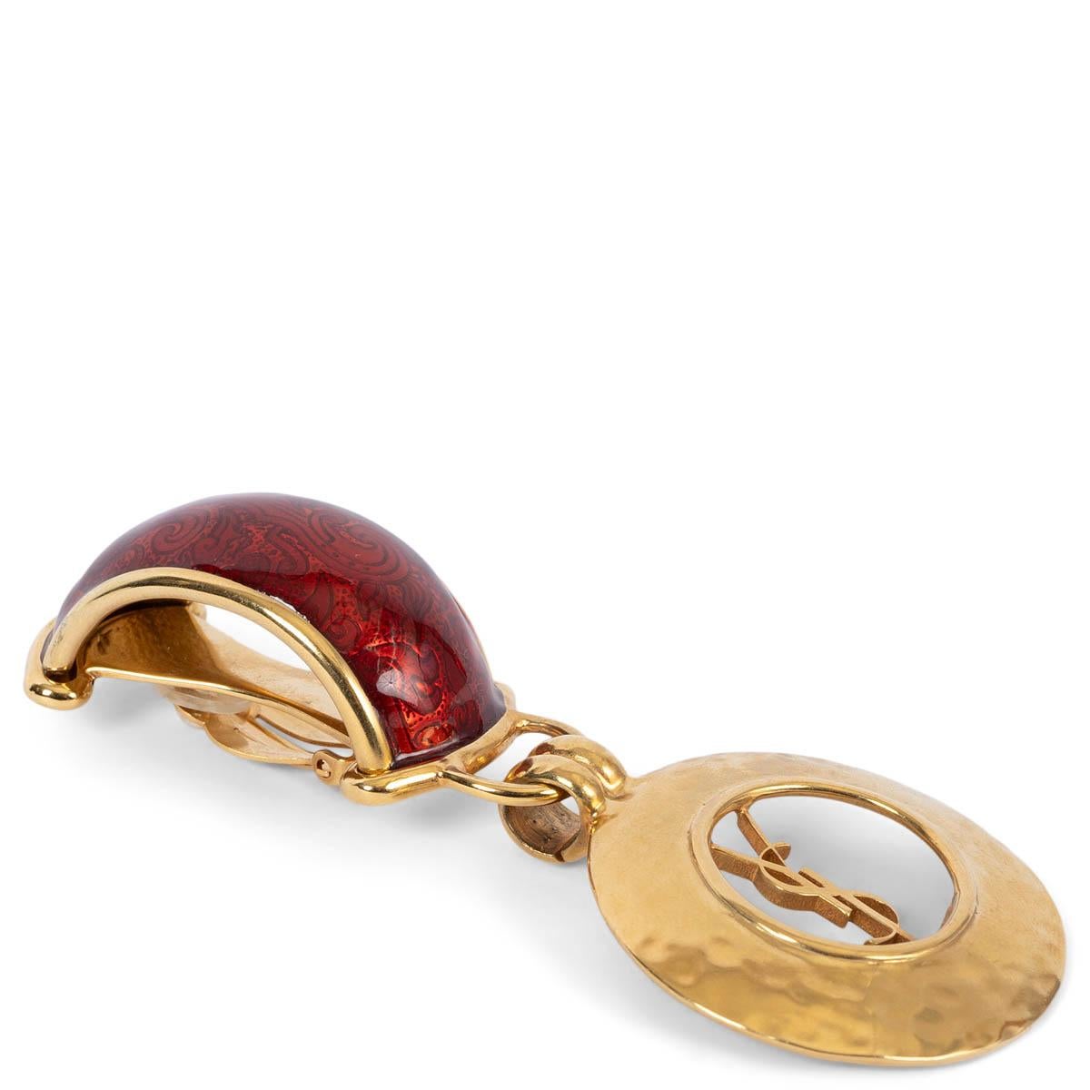 Women's or Men's SAINT LAURENT red resin & gold metal YSL LOGO Drop Clip Earrings
