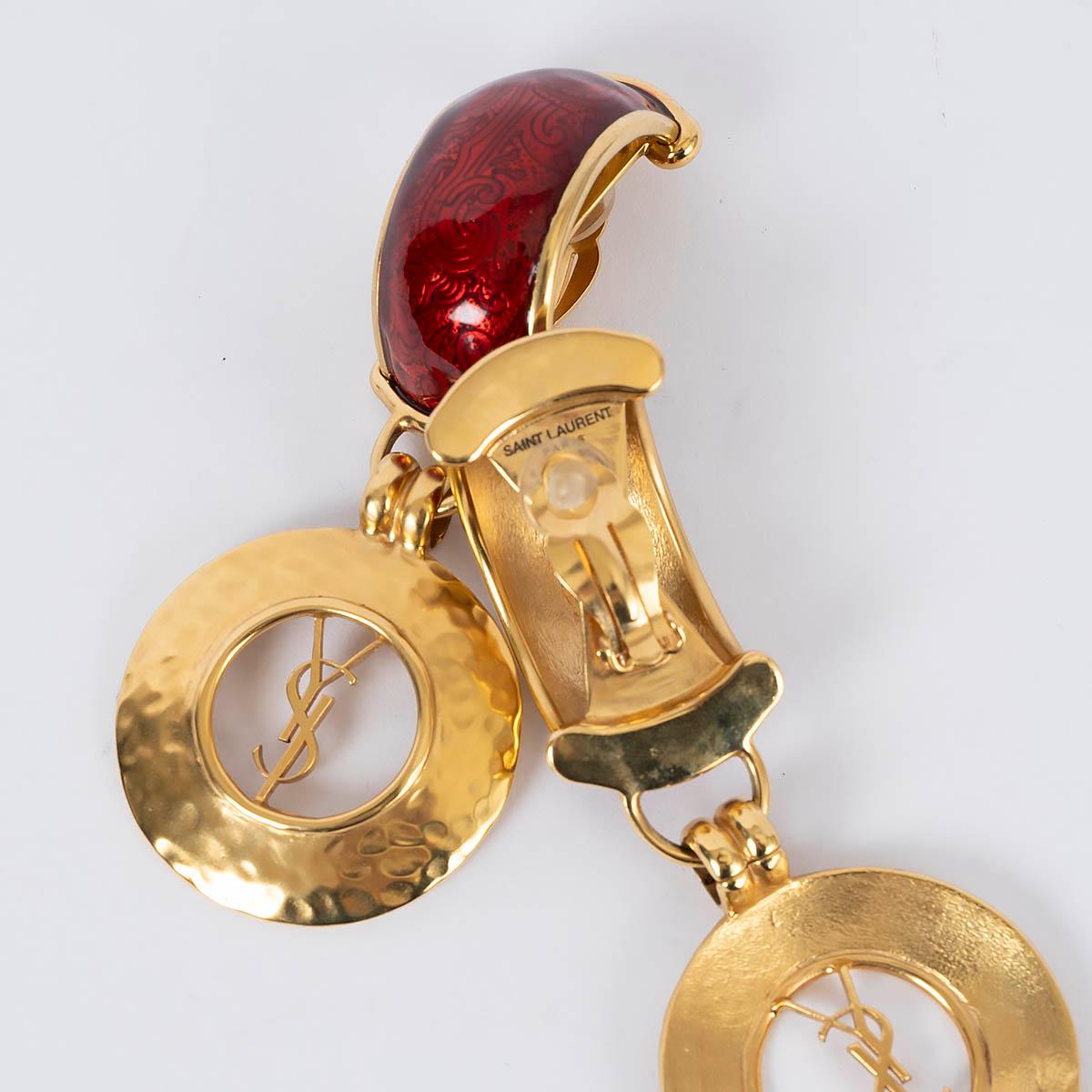 SAINT LAURENT red resin & gold metal YSL LOGO Drop Clip Earrings 1