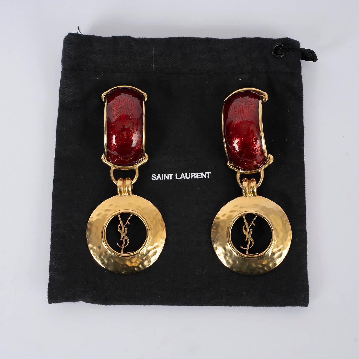 SAINT LAURENT red resin & gold metal YSL LOGO Drop Clip Earrings 2