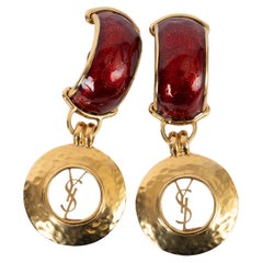 SAINT LAURENT red resin & gold metal YSL LOGO Drop Clip Earrings