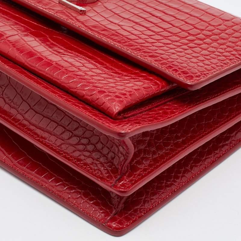 Saint Laurent Red Shiny Croc Embossed Leather Medium Sunset Shoulder Bag 6