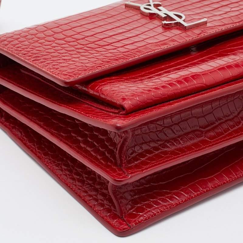 Saint Laurent Red Shiny Croc Embossed Leather Medium Sunset Shoulder Bag 7