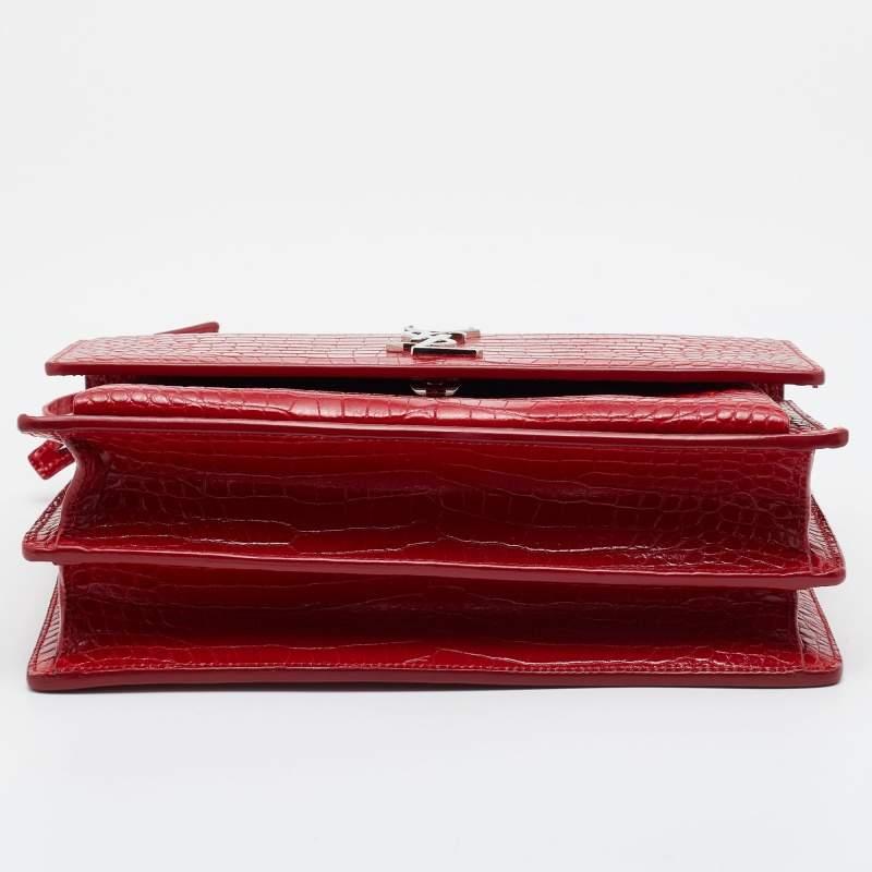 Saint Laurent Red Shiny Croc Embossed Leather Medium Sunset Shoulder Bag 1