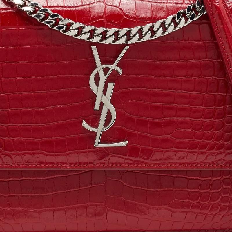 Saint Laurent Red Shiny Croc Embossed Leather Medium Sunset Shoulder Bag 2