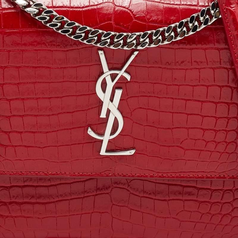 Saint Laurent Red Shiny Croc Embossed Leather Medium Sunset Shoulder Bag 3
