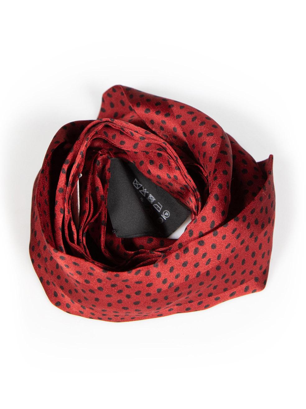CONDITION is Very good. Minimal wear to scarf is evident. Minimal wear to the brand label with one corner unstitched on this used Saint Laurent designer resale item.
 
 
 
 Details
 
 
 Red
 
 Silk
 
 Neck scarf
 
 Dotted print pattern
 
 
 
 
 
