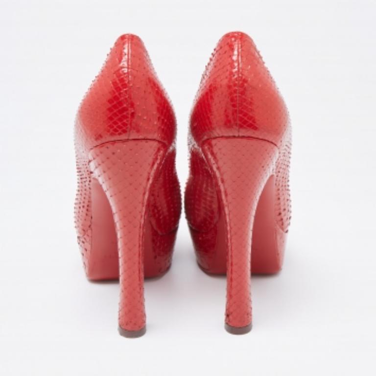 Saint Laurent Red Snakeskin Palais Platform Peep Toe Pumps Size 38 For Sale 3