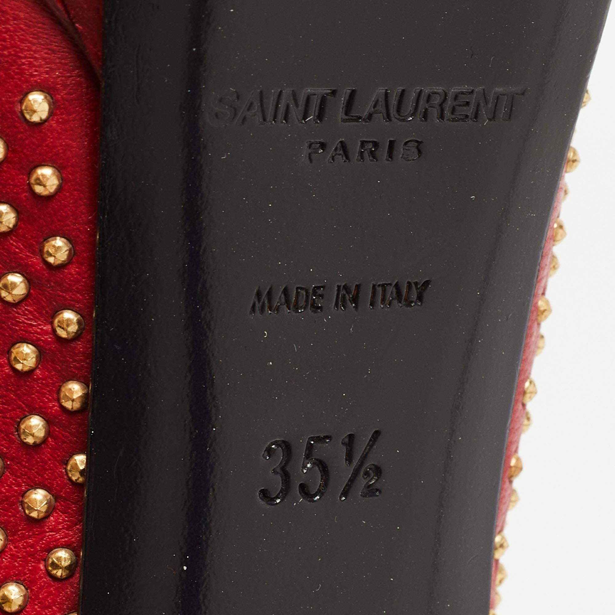 Saint Laurent Red Studded Leather Janis Platform Pumps Size 35.5 For Sale 4