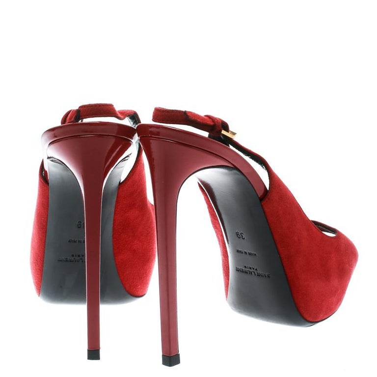 Saint Laurent Red Suede Leather Peep Toe Platform Slingback Sandals ...