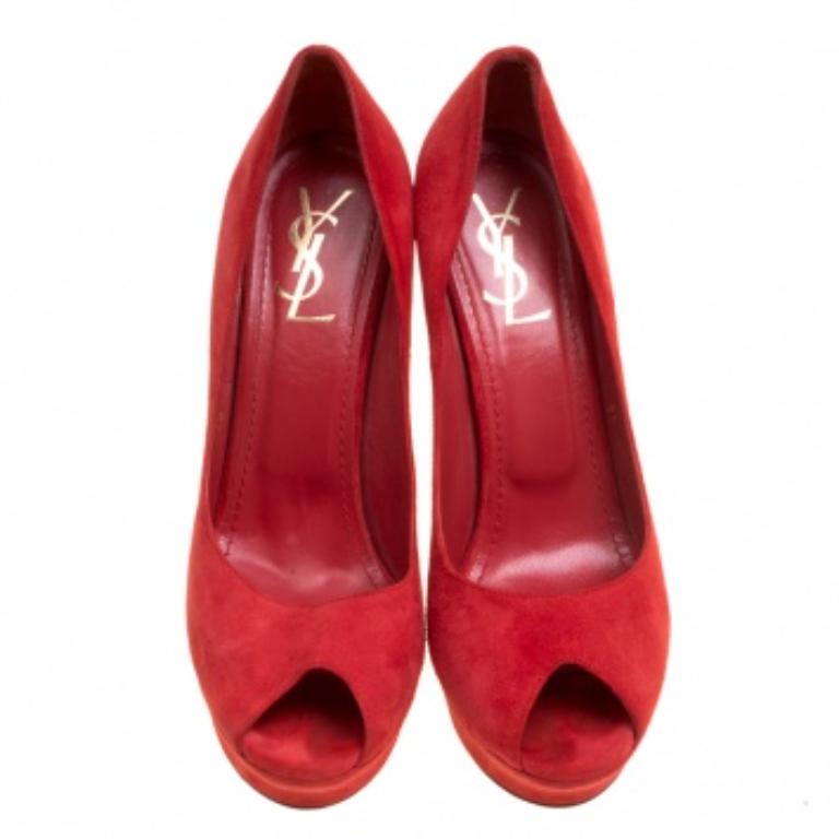 Saint Laurent Palais escarpins à bout ouvert en daim rouge taille 40 Pour femmes en vente