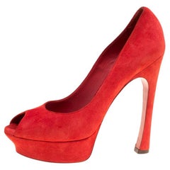 Saint Laurent Red Suede Palais Platform Peep Toe Pumps Size 40