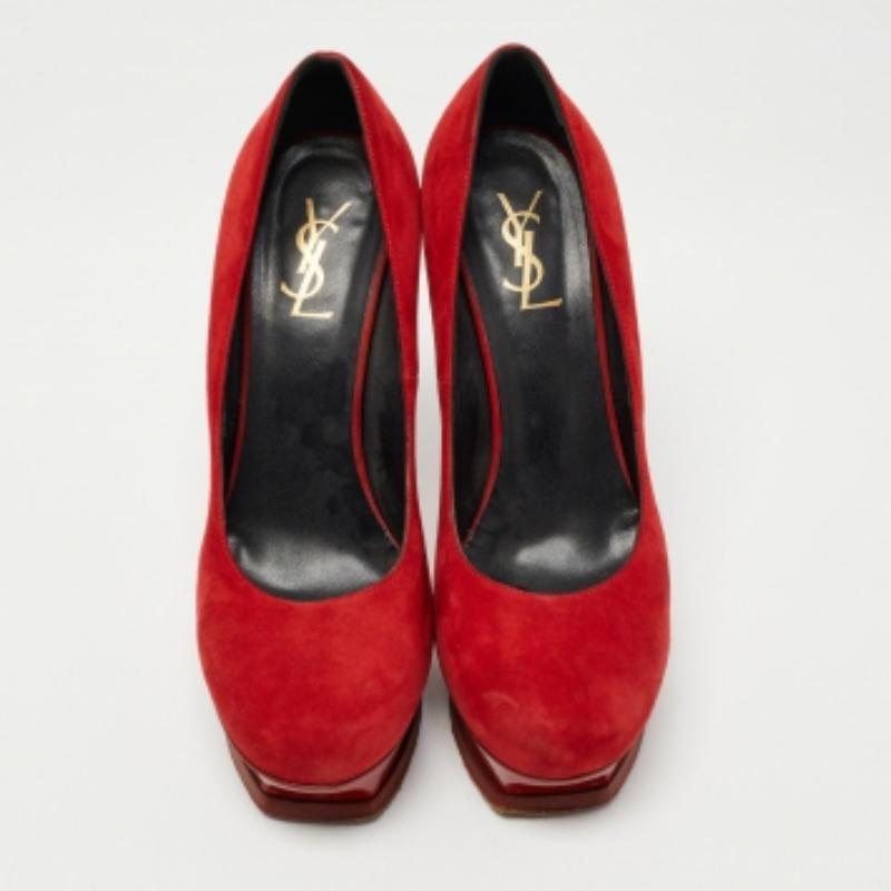 Gray Saint Laurent Red Suede Platform Pumps Size 40.5 For Sale
