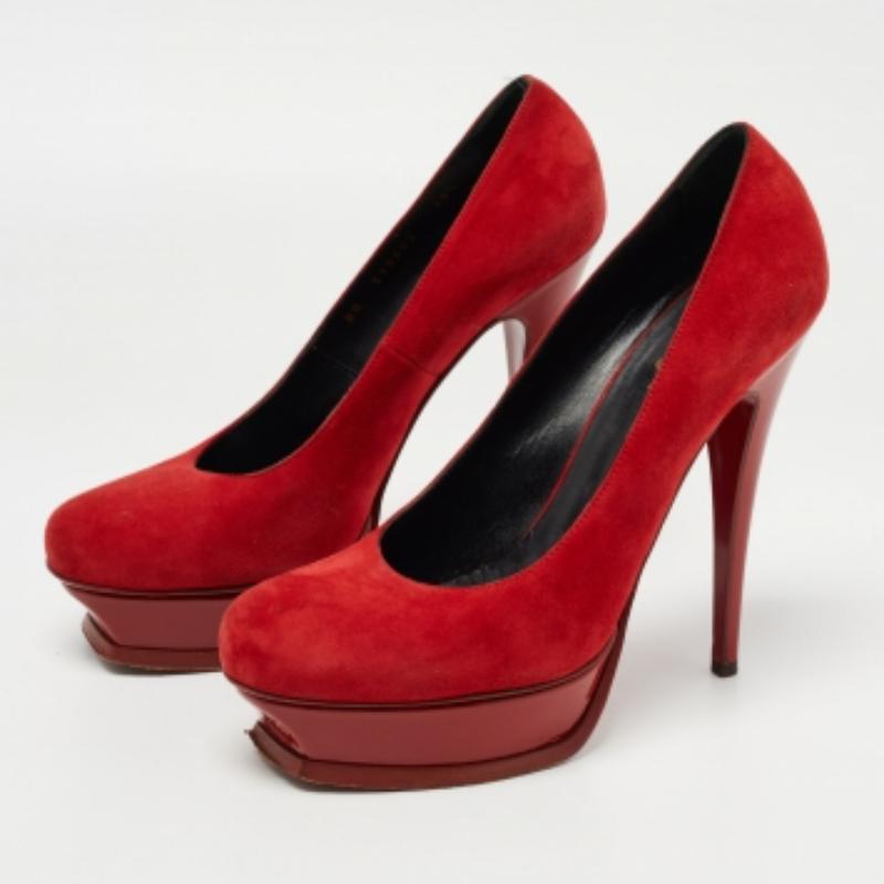 Saint Laurent Red Suede Platform Pumps Size 40.5 For Sale 3