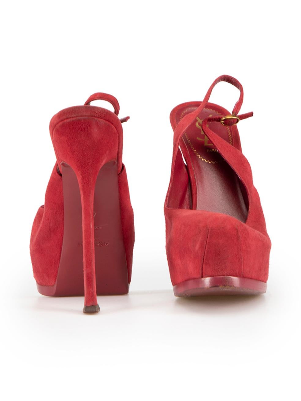 Saint Laurent Red Suede Platform Slingback Heels Size IT 40 In Good Condition For Sale In London, GB